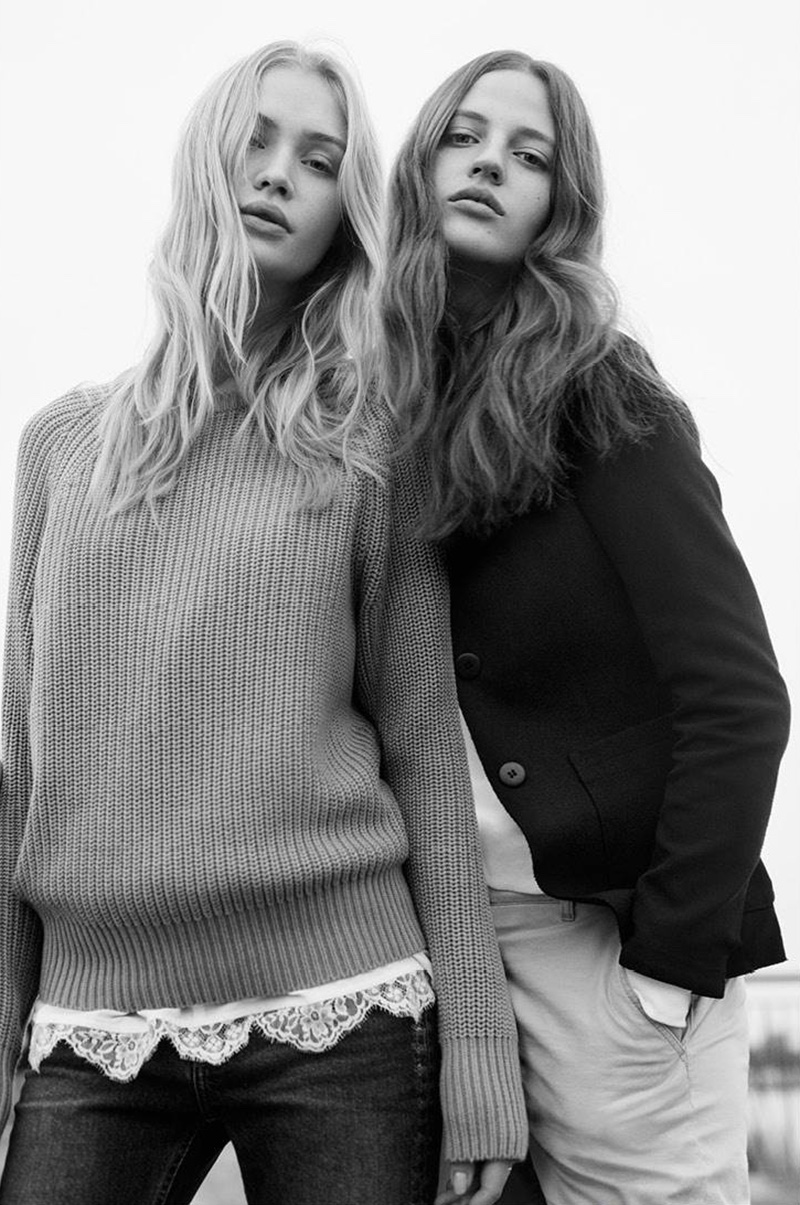 (Left) Patent-Knit Sweater, Camisole Top with Lace and Straight High Waist Jeans (Right) H&M Cotton Twill Jacket, Sweatshirt with Printed Design and Chinos