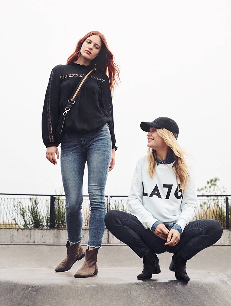(Left) H&M Crinkled Blouse, Slim Regular Ankle Jeans, Shoulder Bag with Suede Detail and Suede Boots (Right) H&M Cap, Sweatshirt with Printed Design, Denim Shirt (worn underneath) and Slim-fit Pants