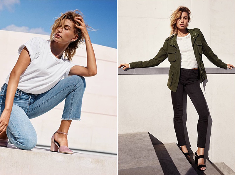 (Left) H&M Cotton T-Shirt, Vintage High Cropped Jeans and Open-Sided Pumps (Right) H&M Utility Jacket, Textured-Knit Sweater, Skinny Regular Ankle Jeans and Sandals