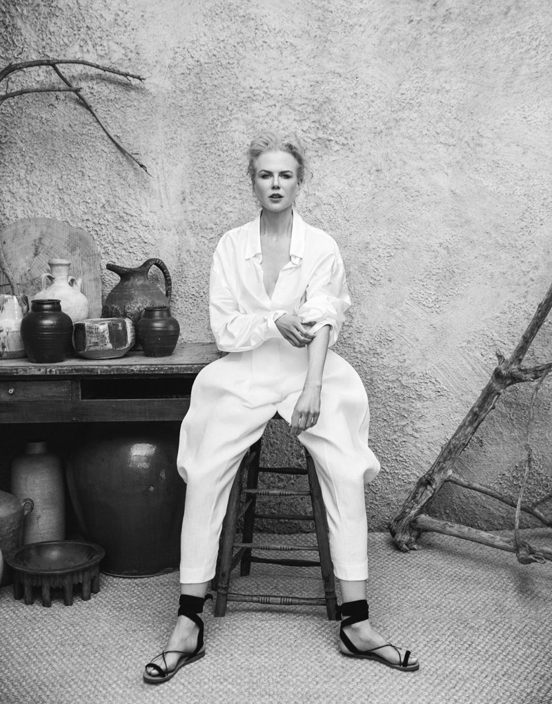 Photographed in black and white, Nicole Kidman wears Jil Sander shirt, Delpozo pants and Valentino sandals