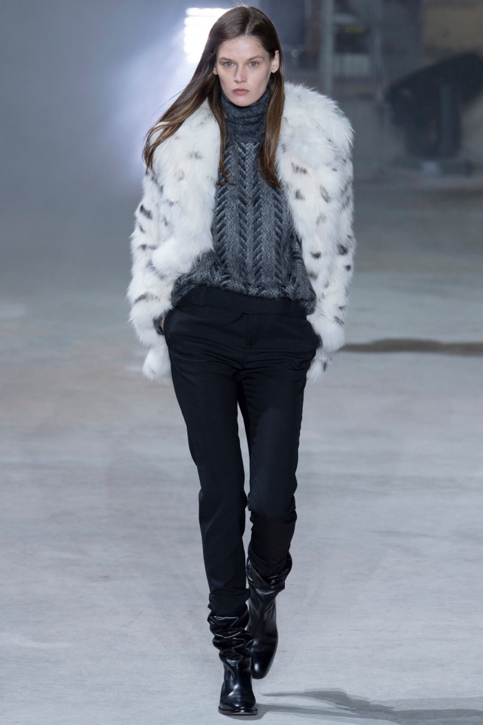 Fur jacket, metallic knit sweater and slim-fit pants from Saint Laurent’s fall-winter 2017 collection