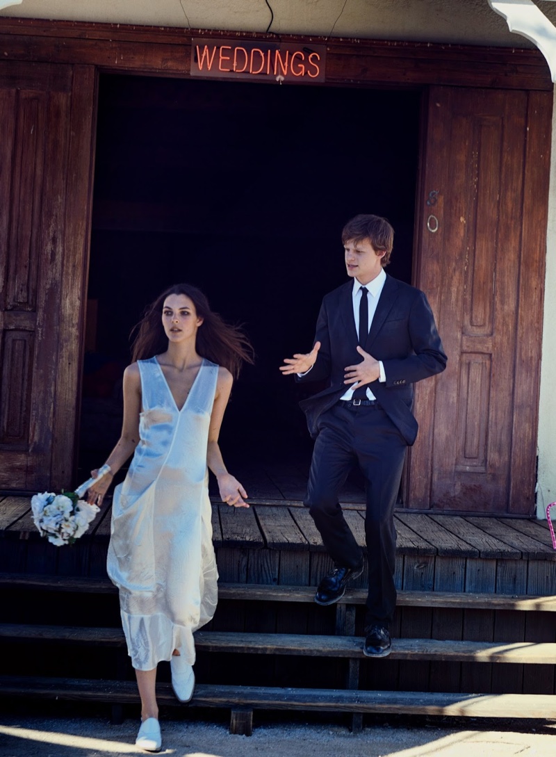 Vittoria Ceretti wears an unconventional wedding look with Victoria Beckham dress and Hermes shoes