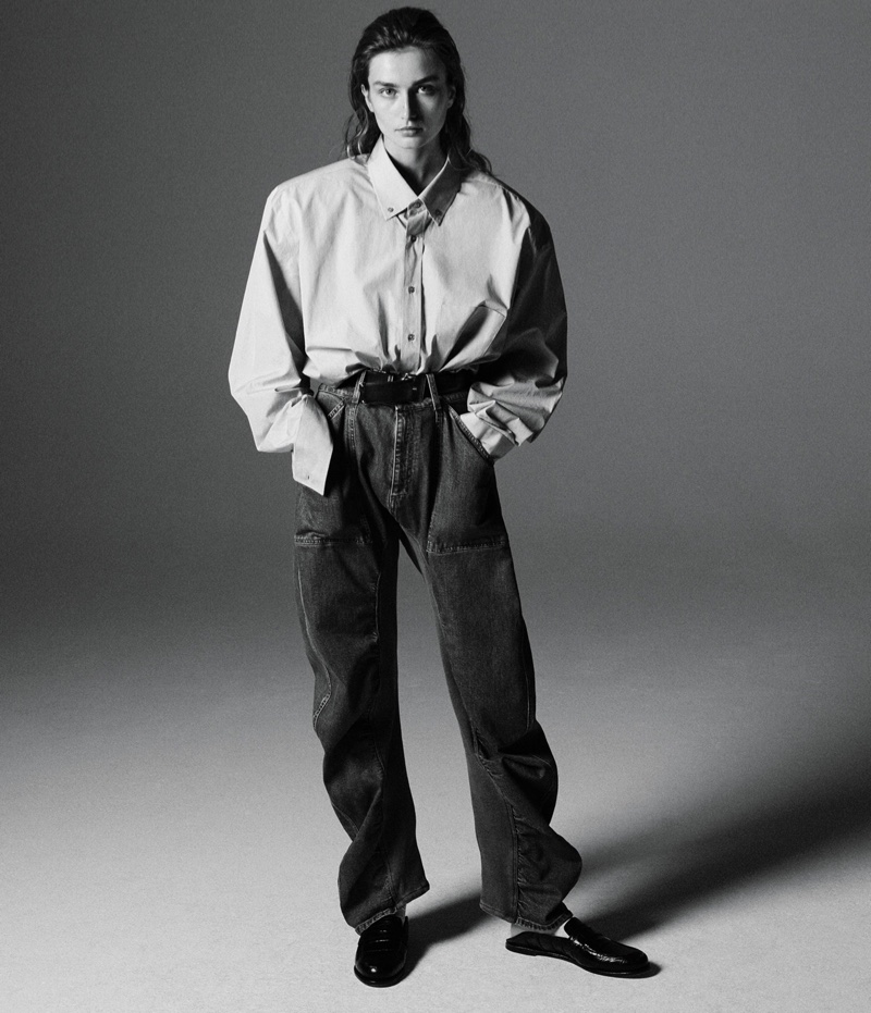 Taking oversized proportions, Andreea Diaconu models Jil Sander shirt, Stella McCartney pants and Loewe loafers