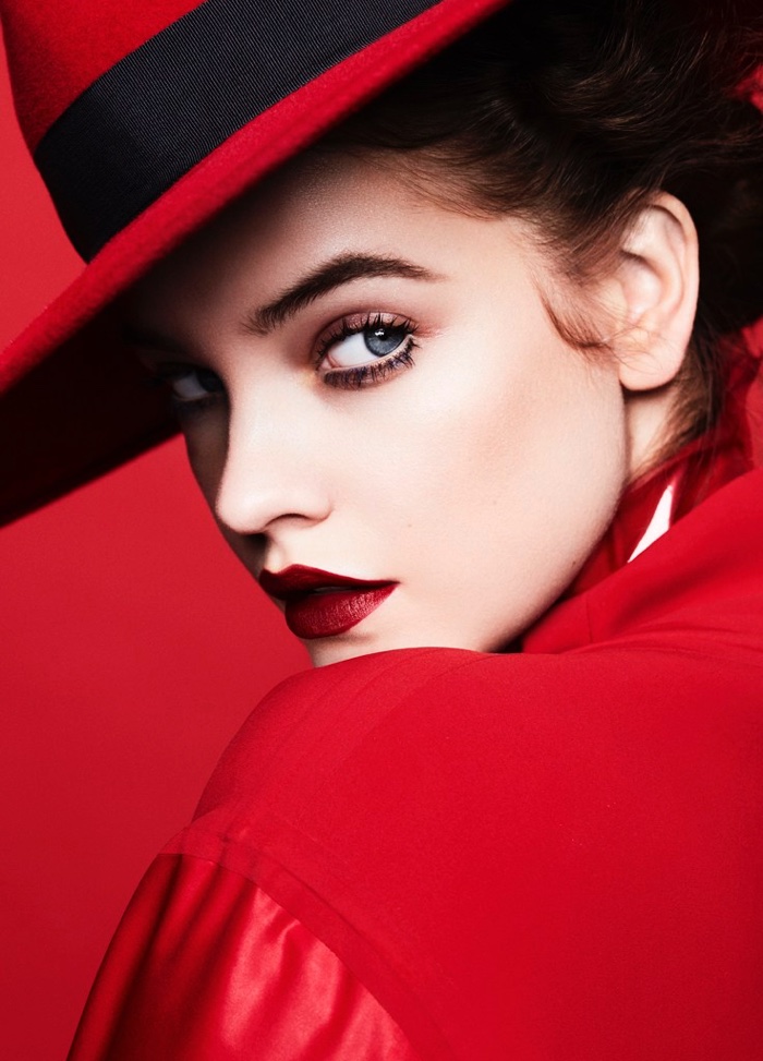 A lady in red, Barbara Palvin wears Eric Javits hat and Salvatore Ferragamo jacket