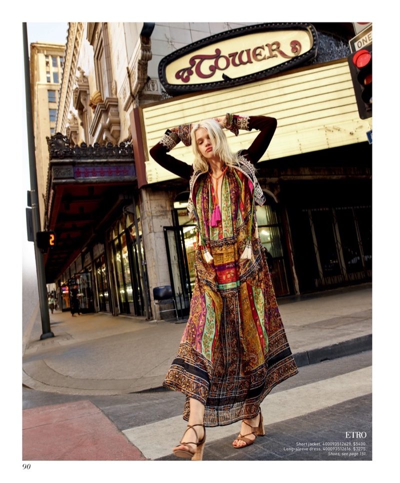 Etro Embroidered Silk Jacket $5,400, Etro Printed Silk Caftan $3,275 and Jimmy Choo Margo 80 Cork-Heel Leather Lace-Up Sandals $750