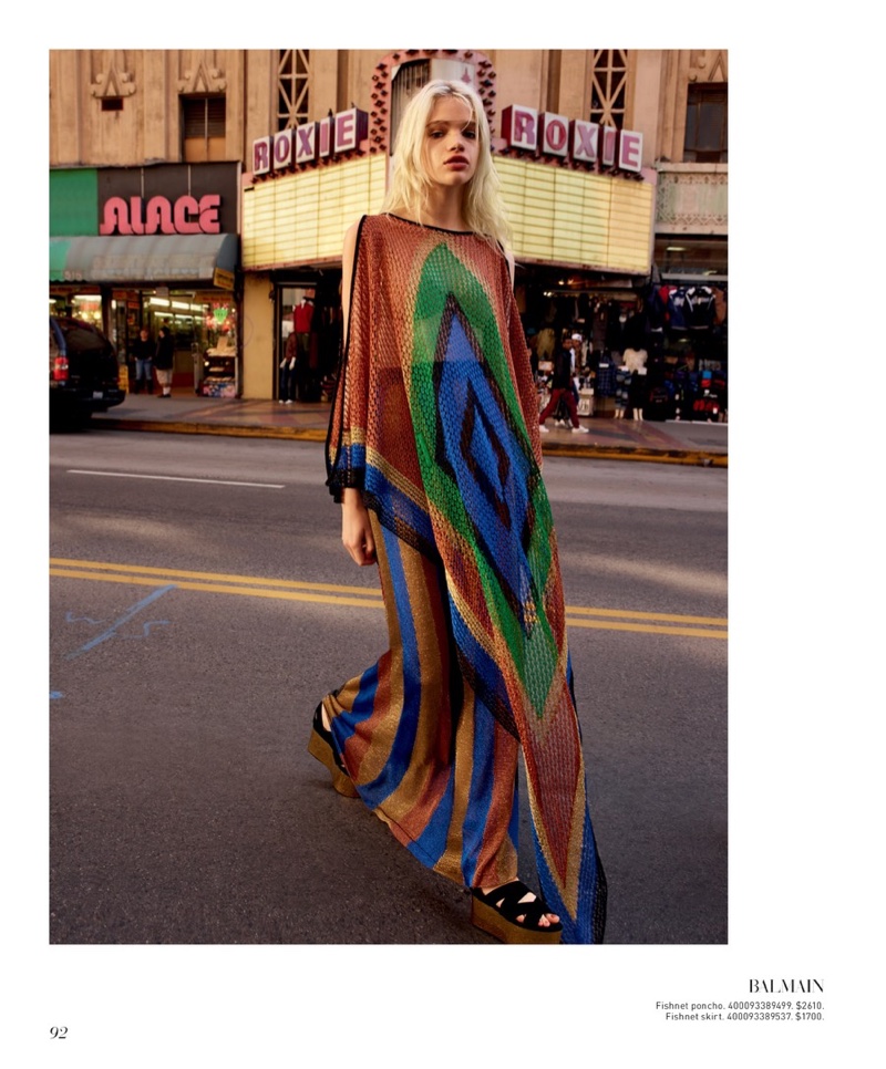 Balmain Fishnet Inca-Print Gown $2,610 and Fishnet Long Striped Skirt $1,700