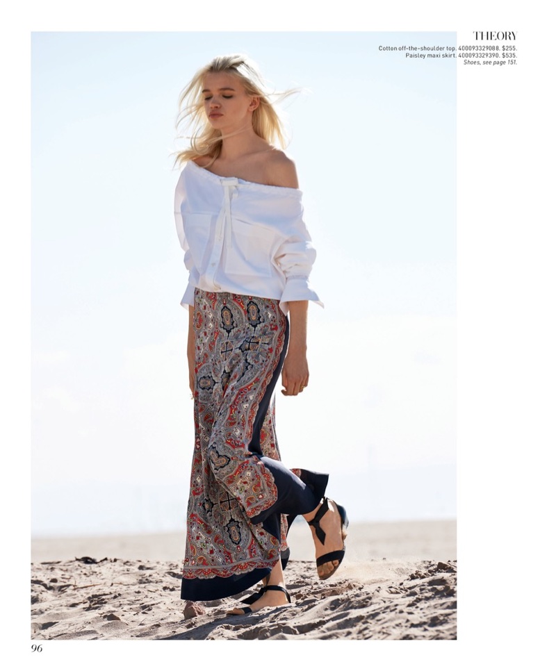 Theory Magena Stretch-Cotton Shirt $255, Theory Bitrah Premont Silk Maxi Skirt $535 and Alexandre Birman Atenah Woven Leather Demi-Wedge Sandals