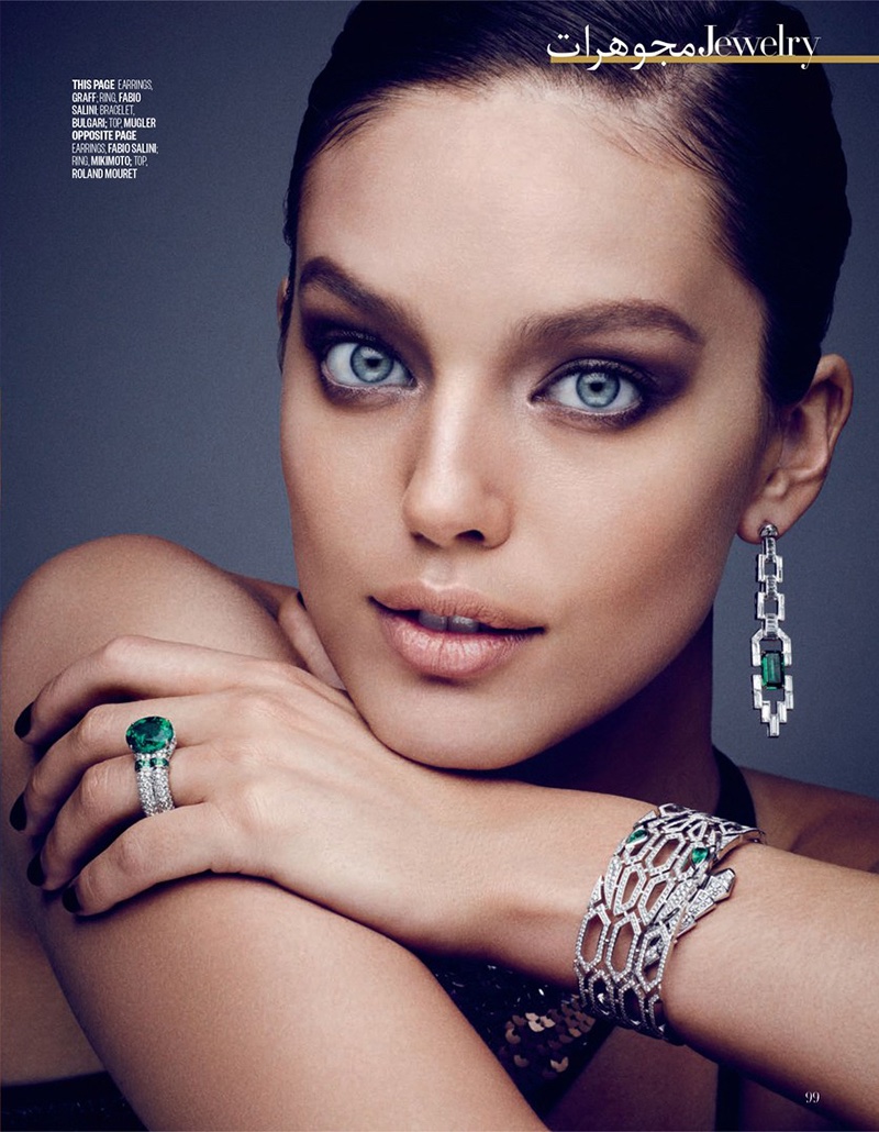 Emily DiDonato poses in Graff earrings, Fabio Salini ring, Bulgari bracelet and Mugler top
