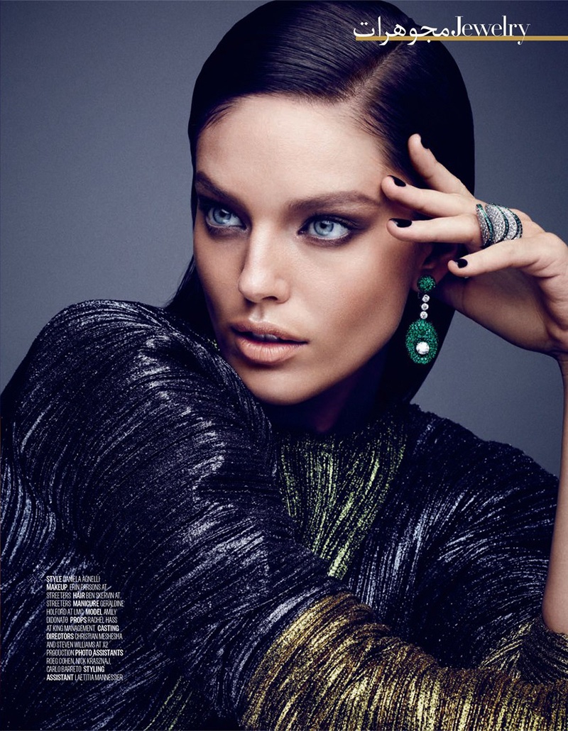 Emily DiDonato poses in De Grisogono earrings and ring with Haider Ackermann top
