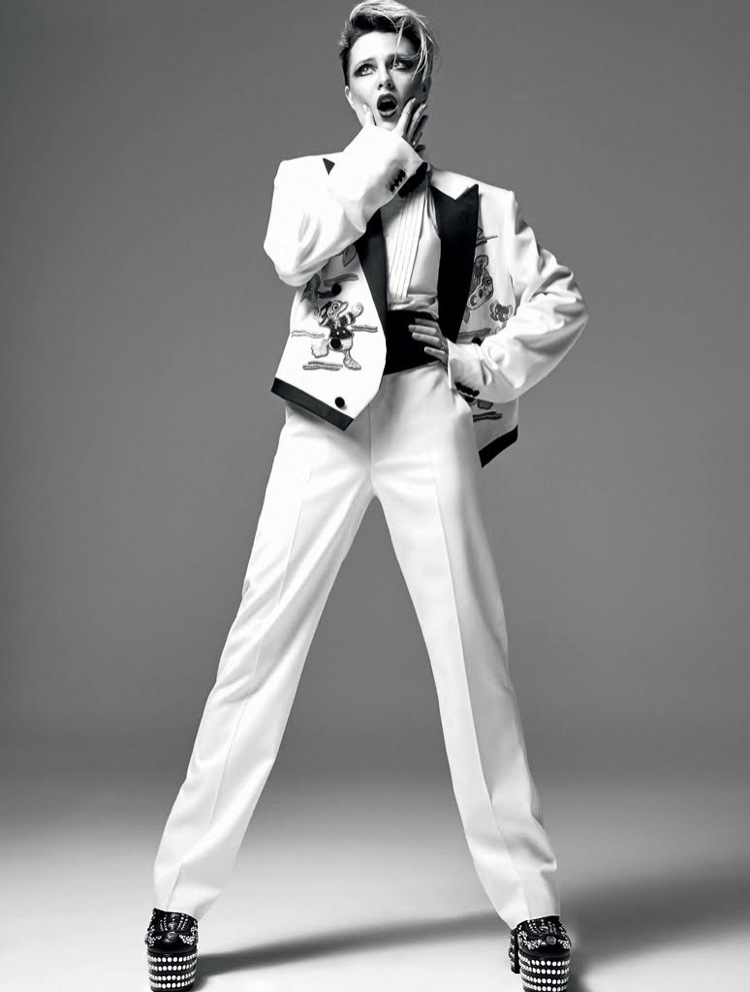 Actress Evan Rachel Wood suits up in Gucci cotton twill suit, shirt and platform loafers