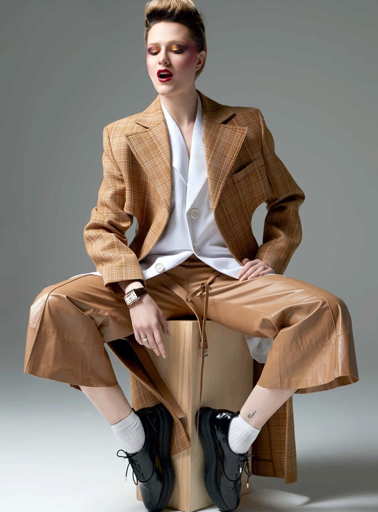 Evan Rachel Wood poses in Celine wool coat, jacket and trousers with Zara faux leather shoes