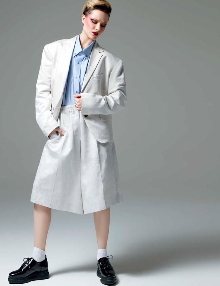 Evan Rachel Wood models Jil Sander jacket, shorts and shirt with Zara platform shoes
