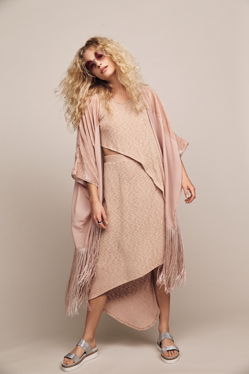 Free People Velvet Dreams Fringe Kimono, FP Beach Nikki’s Night Out Set, Free People Cool Cat Wire Frame Sunnies and FP Collection Harper Gem Flatform