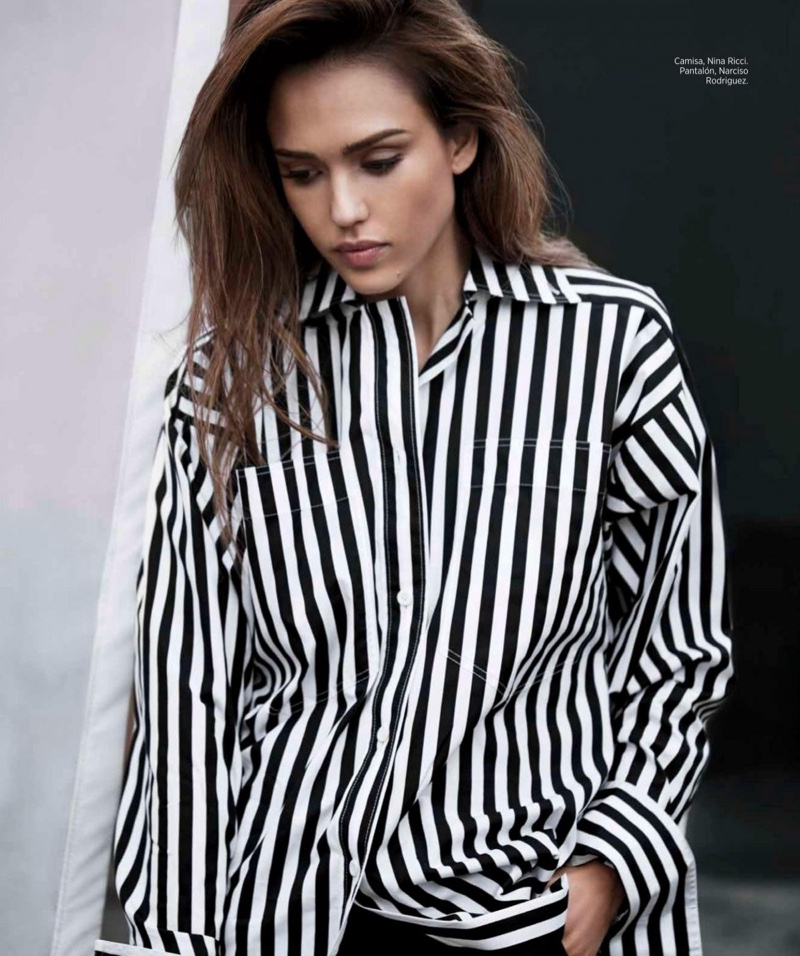 Embracing pajama style, Jessica Alba poses in Nina Ricci shirt and Narciso Rodriguez pants