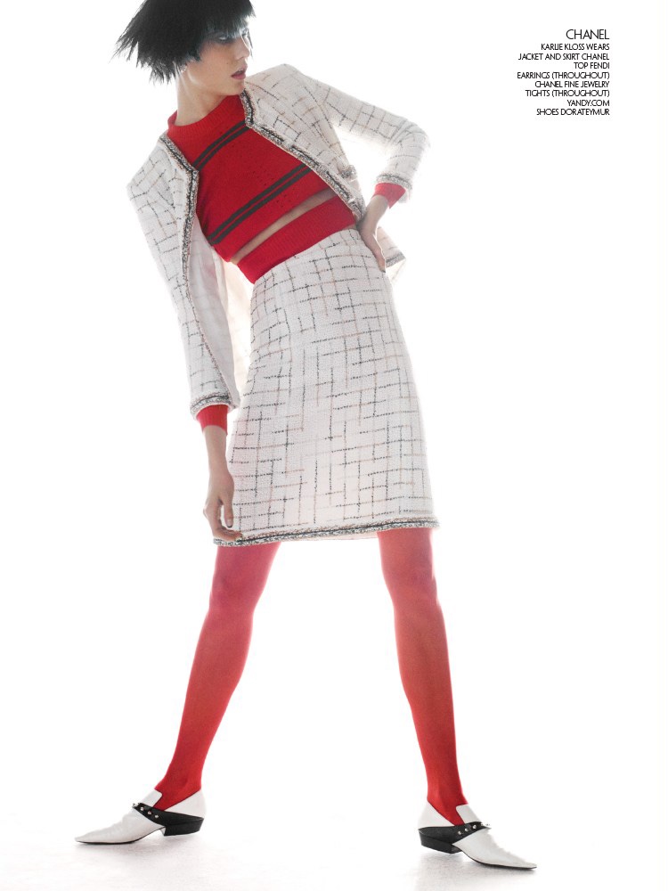 Karlie Kloss models Chanel jacket and skirt with Fendi top and Dorateymur shoes