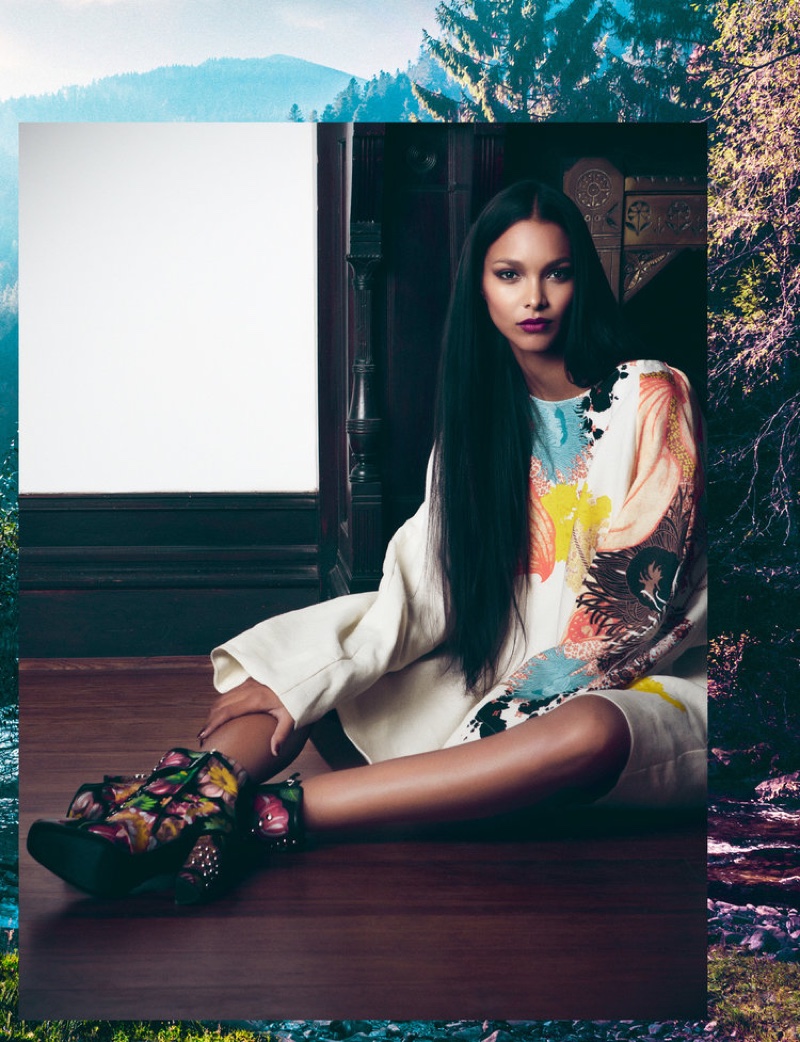 Model Lais Ribeiro wears Dries Van Noten dress and Giuseppe Zanotti booties