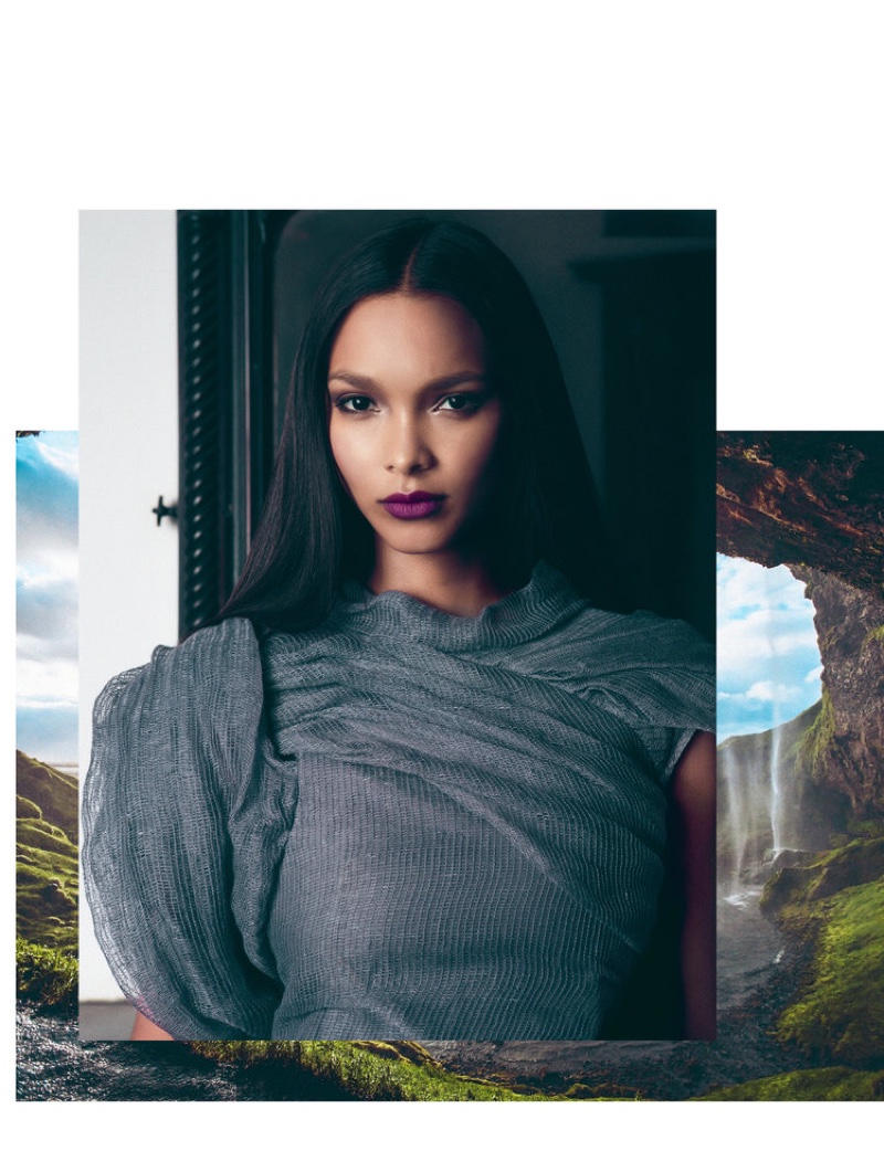 Lais Ribeiro poses in high necked Rick Owens dress
