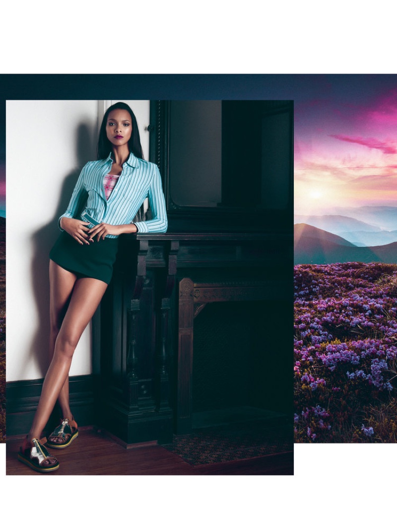 Model Lais Ribeiro wears Prada shirt, tank and skirt with Maison Margiela sandals
