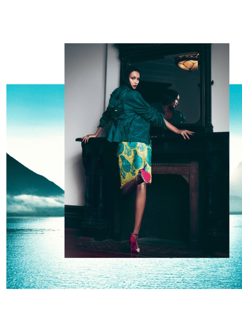 Lais Ribeiro poses in Maison Margiela jacket and skirt with Christian Louboutin heels