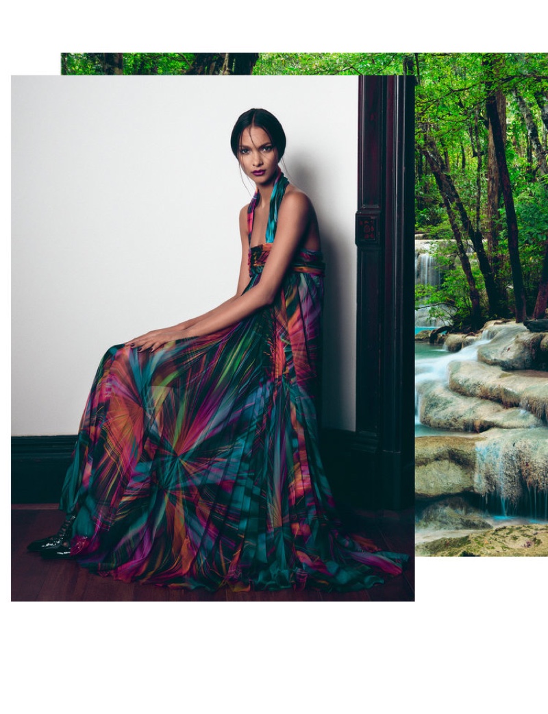 Embracing print, Lais Ribeiro wears Chanel maxi dress and Givenchy shoes