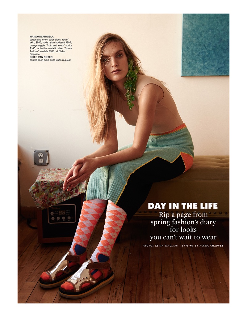 Model Mirte Maas wears Maison Margiela bodysuit, skirt, socks and leather metallic silver sandals