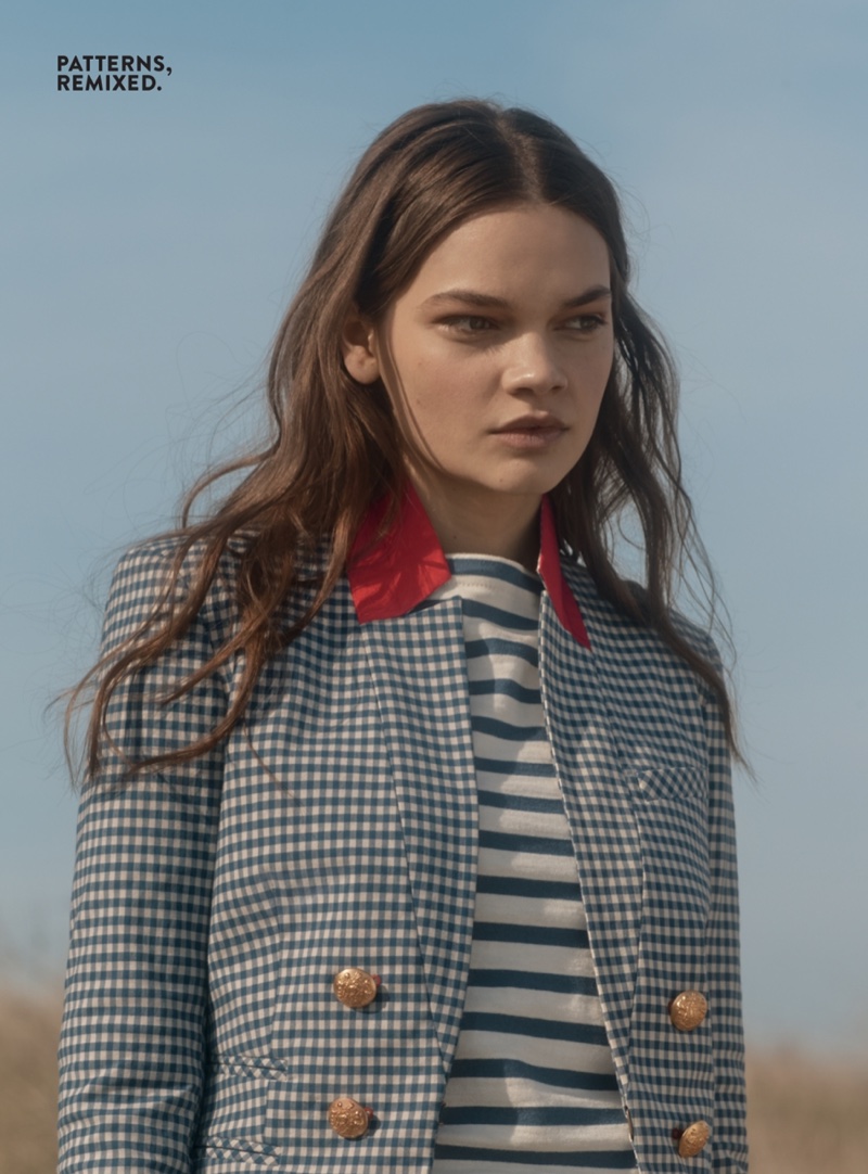Veronica Beard Cottage Gingham Jacket $645, Veronica Beard Lincoln Mariner Top $250, Veronica Beard Tee High Waisted Seam Trousers $395