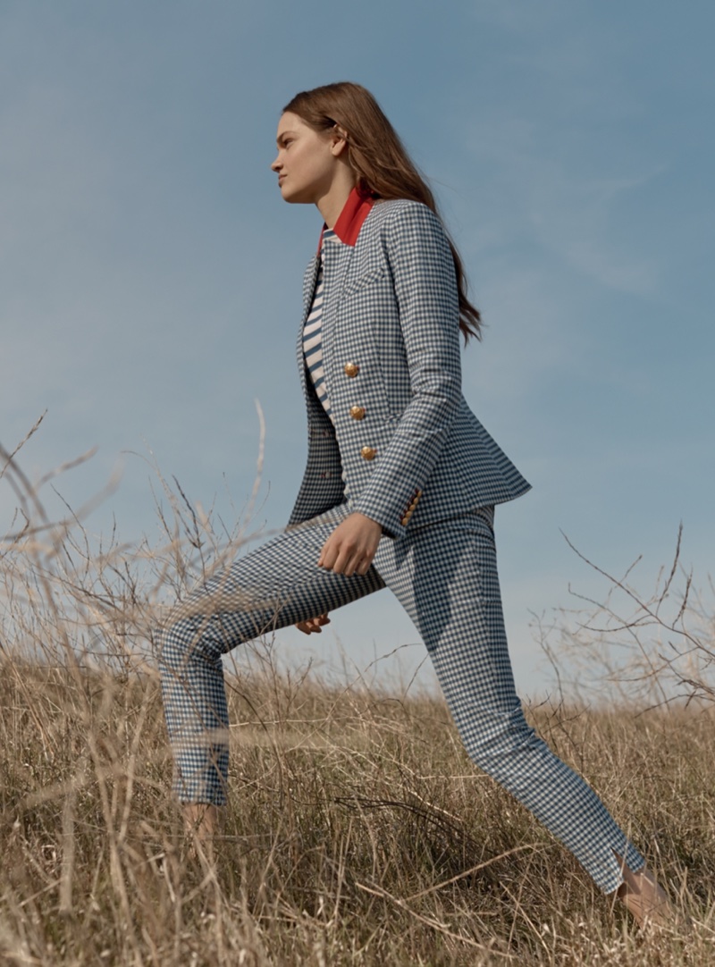 Veronica Beard Cottage Gingham Jacket $645, Veronica Beard Lincoln Mariner Top $250, Veronica Beard Tee High Waisted Seam Trousers $395
