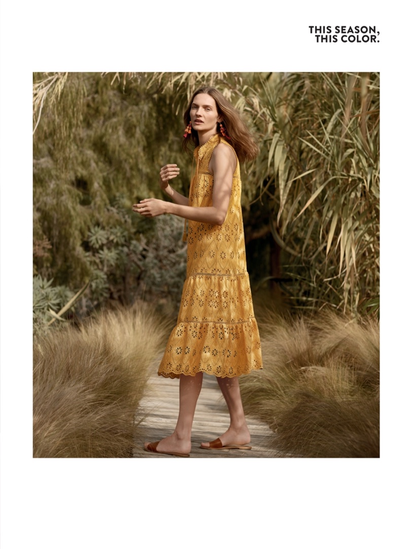 Kate Spade New York Pretty Pom Tassel Drop Earrings $98 and Eyelet Embroidered Patio Dress $478. Joie Lacey Slide Sandal $158.