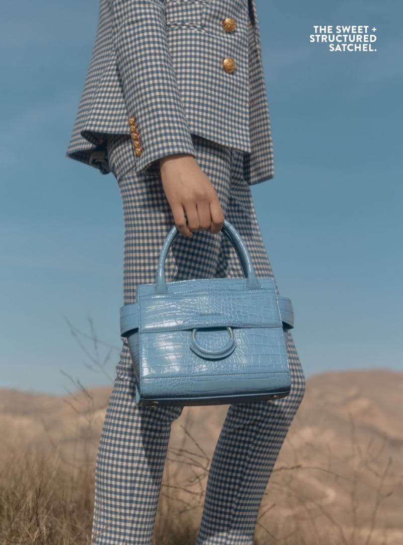 Veronica Beard Cottage Gingham Jacket $645, Veronica Beard Tee High Waisted Seam Trousers $395 and Sam Edelman Mini Chiara Faux Leather Satchel $148