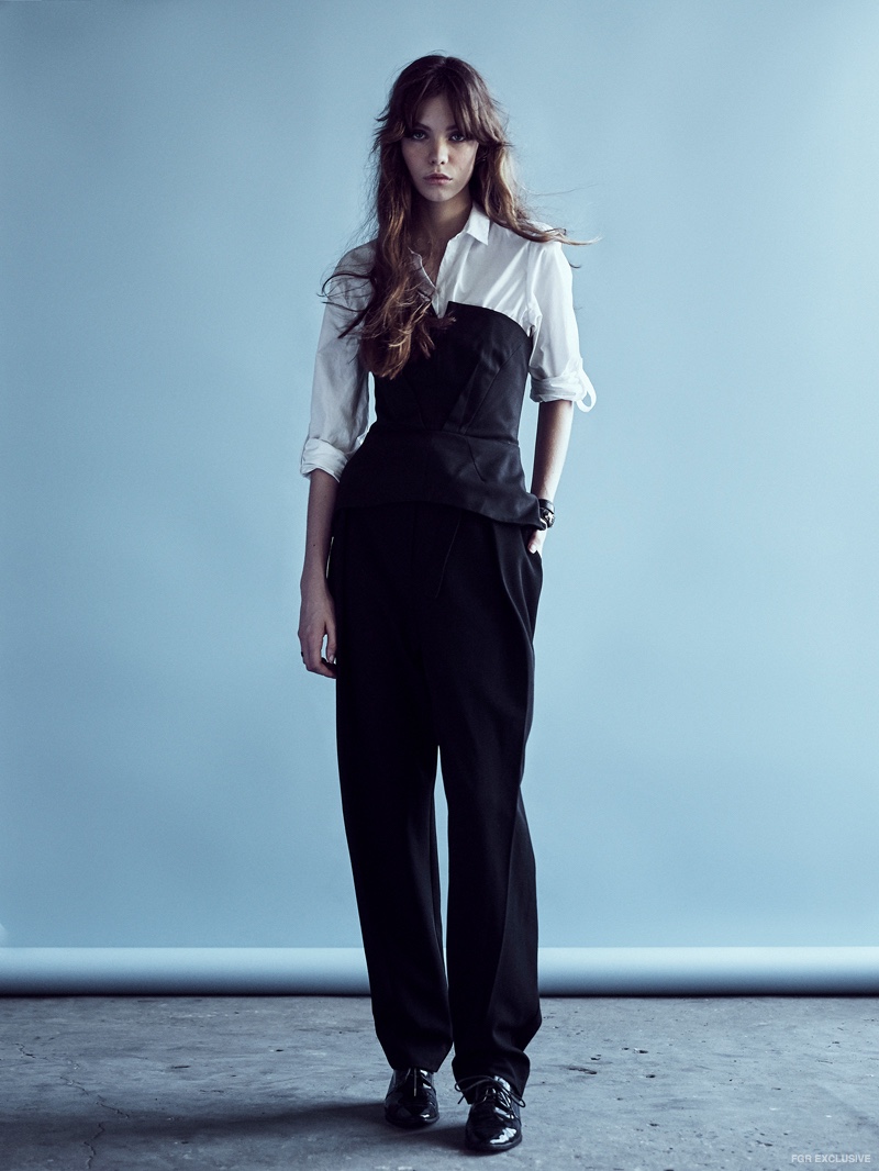 Zara Shirt, stylist’s own Bustier, Dion Lee Pleat Front Pants, stylist’s own Shoes and Balenciaga Cuff