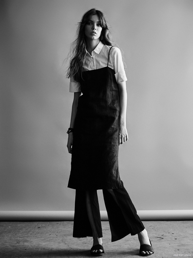 Stylist’s own Shirt, St. Agni Mid Length Summer Dress, Isla Nebula Pants, St. Agni Miyo Mules, Holly Ryan Gold Wavee Earring and Balenciaga Cuff