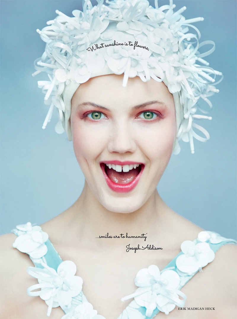 Getting her closeup, Lindsey Wixson models Miu Miu swim cap and swimsuit