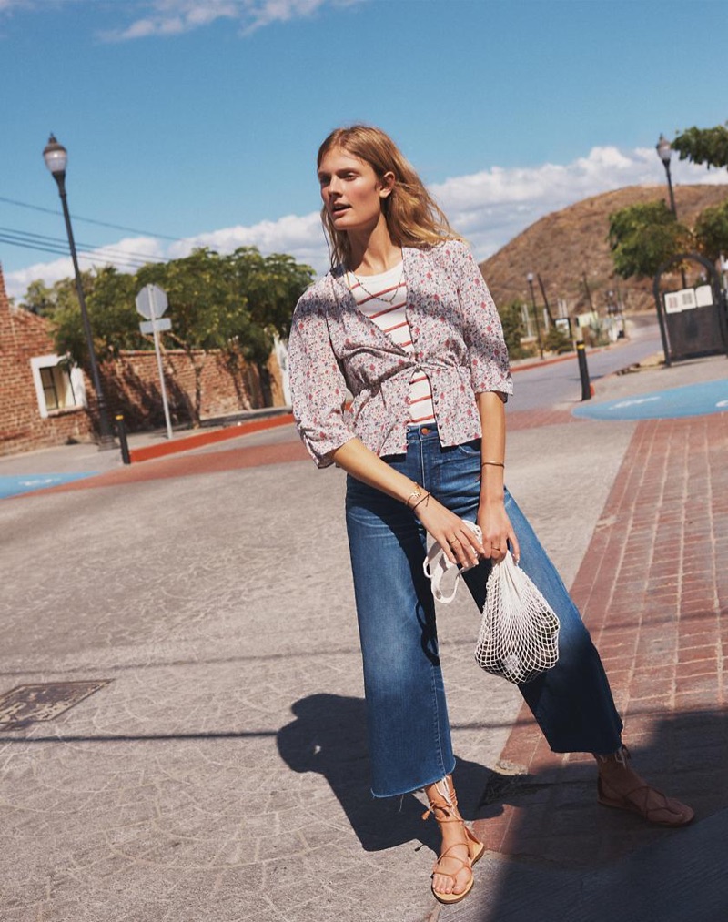 Madewell Silk Shadowpetal Top, Timeoff Tank Top in Shawn Stripe, Wide-Leg Crop Jeans in Frida Wash and The Boardwalk Lace-Up Sandal in Suede