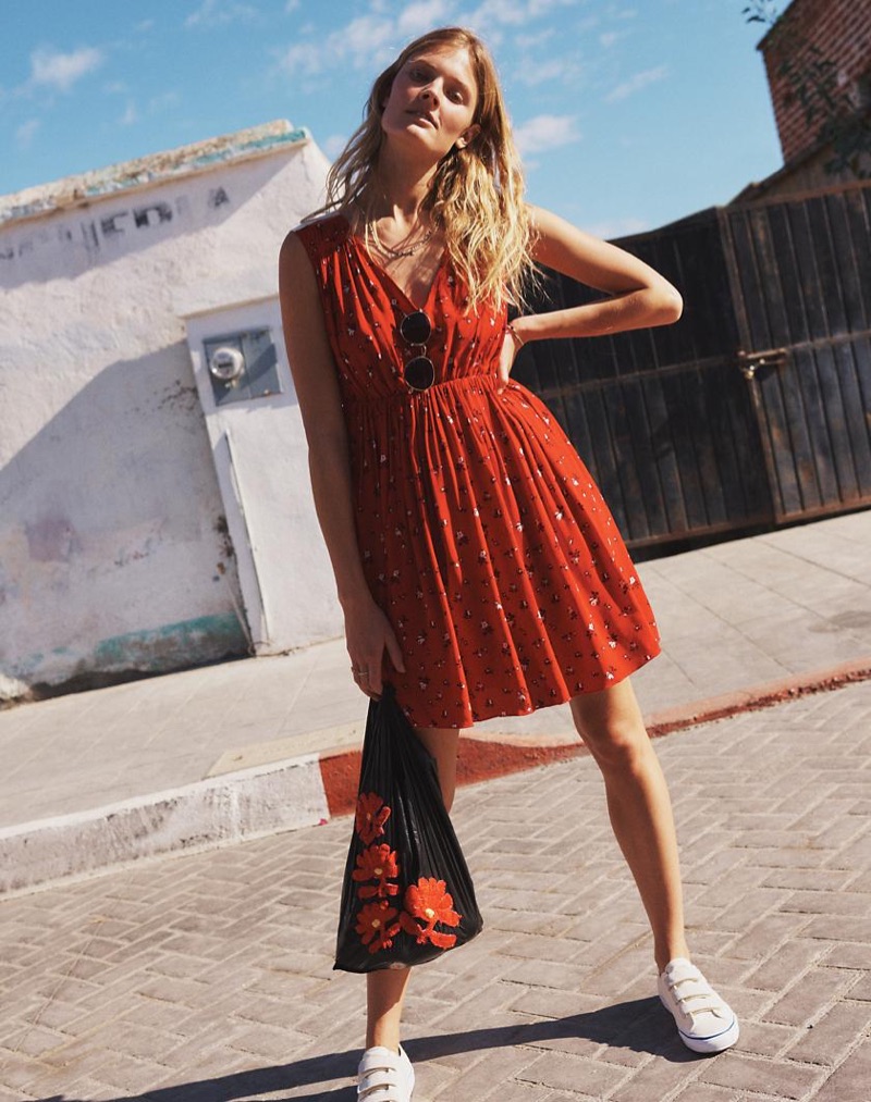 Madewell Magnolia Tie-Back Dress in Rosebud Scatter and Vans Canvas 23v Velcro Sneakers