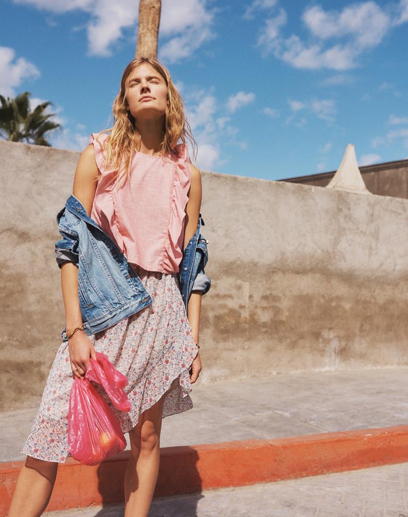 Madewell The Oversized Jean Jacket in Capstone Wash, Bellflower Ruffle Top and Ruffle-Wrap Midi Skirt in Shadowpetal