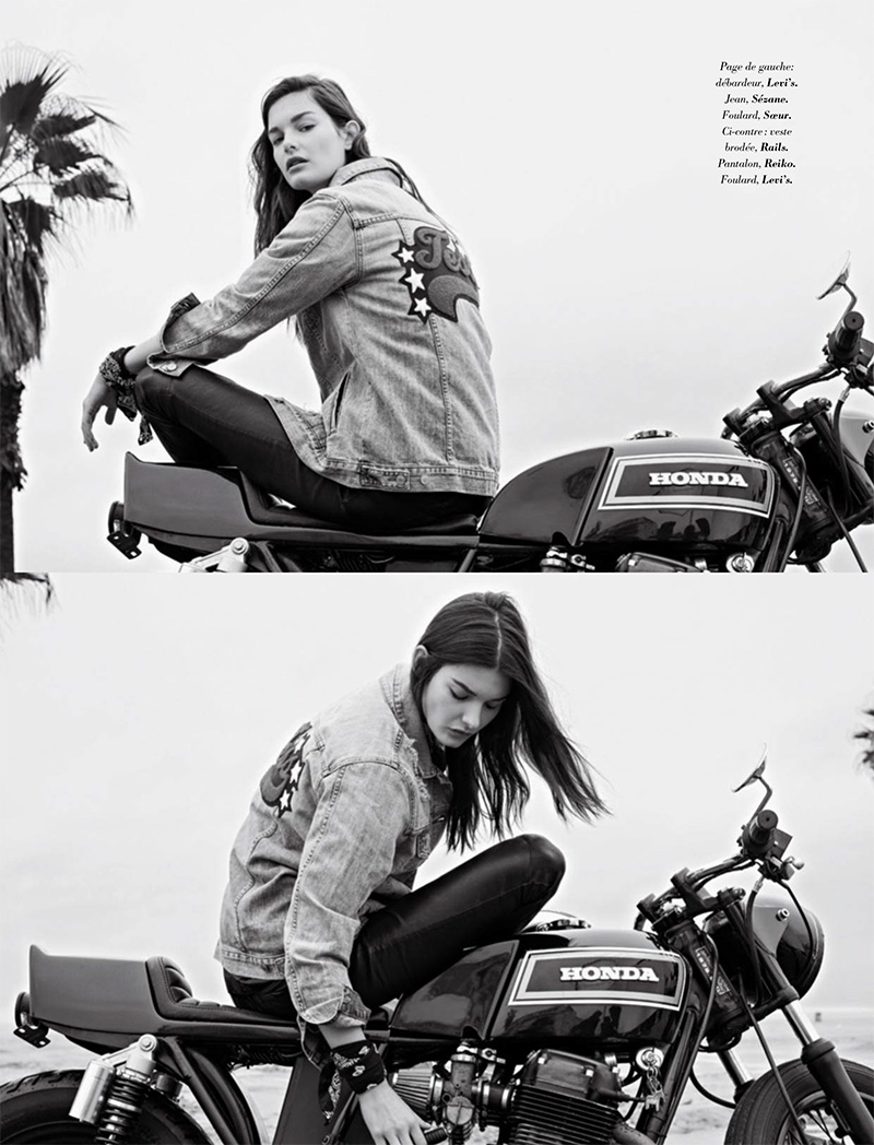 Ophelie Guillermand models embroidered denim jacket from Rails, Reiko pants and Levi’s bandana