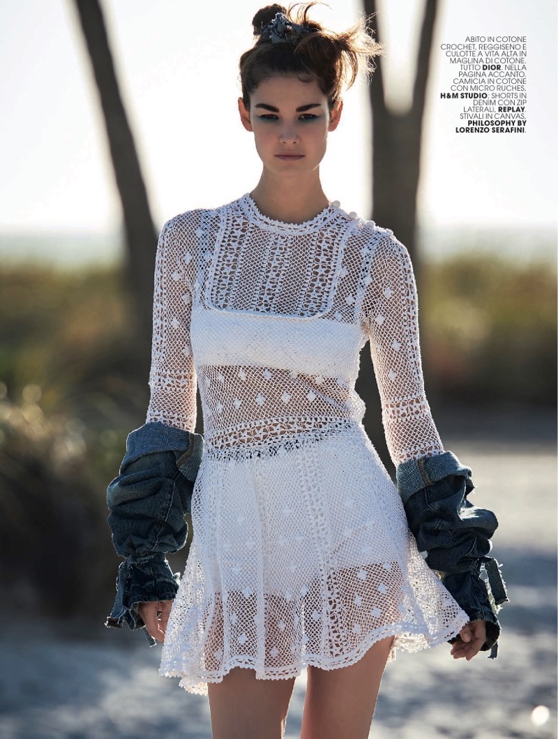 Ophelie Guillermand models Dior crochet dress, bra and briefs