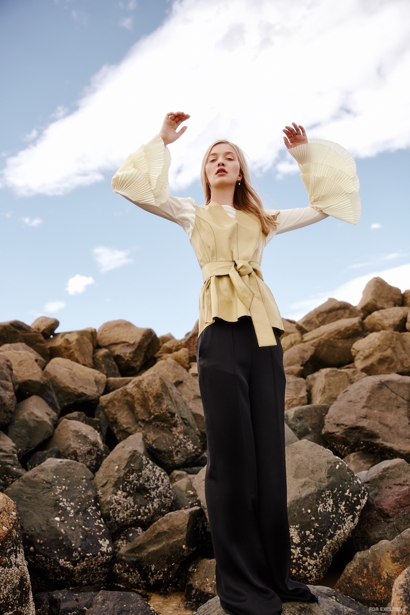 Isabelle Quinn Bell Sleeve Top, By Malene Berger Leather Top and Pants available at Christensen Copenhagen; Susan Driver Earring