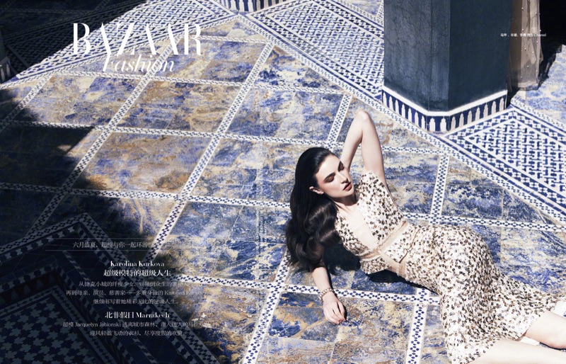 Model Jacquelyn Jablonski dazzles in a Chanel sequin embroidered top and skirt