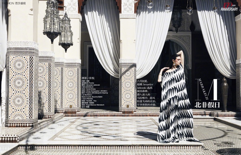Striking a pose, Jacquelyn Jablonski models printed dress from Tome