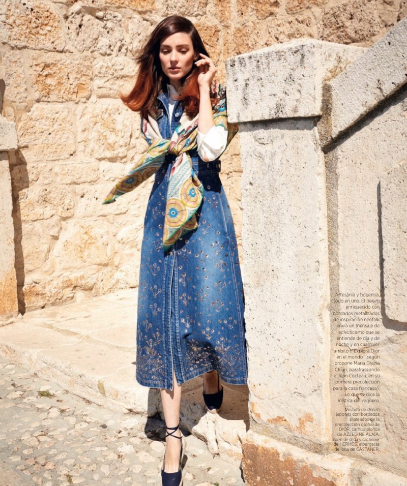Embracing denim, Kati Nescher models Dior dress with embroidery, Azzedine Alaia shirt and Castaner shoes