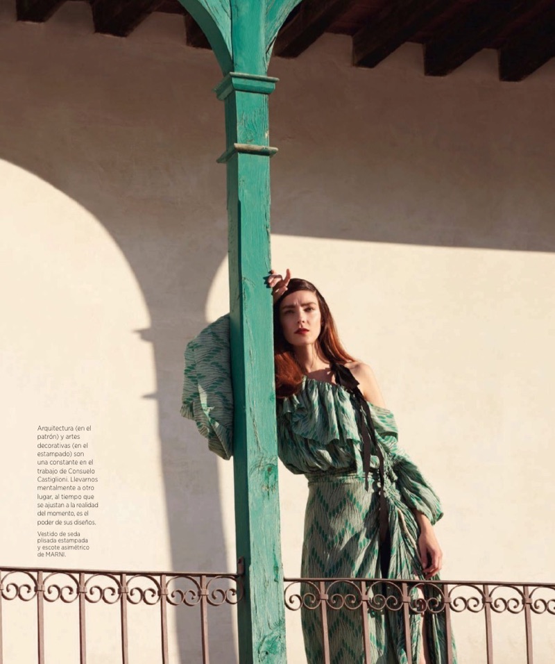 Flaunting some shoulder, Kati Nescher poses in Marni dress with ruffles