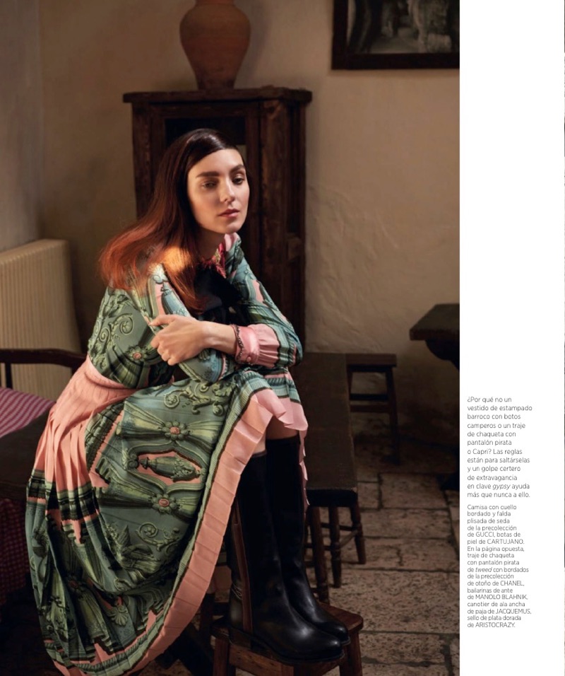 Kati Nescher models Gucci shirt and skirt with Cartujano boots