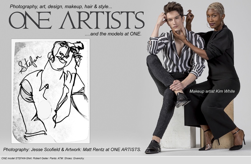 Posing with makeup artist Kim White, Stefan wears Robert Geller Shirt, ATM Pants and Givenchy Shoes.