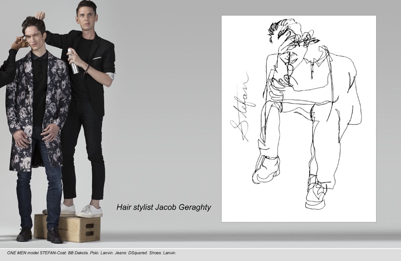 Posing with hairstylist Jacob Geraghty, Stefan wears BB Dakota Coat, Lanvin Polo, DSquared2 Jeans and Lanvin Shoes