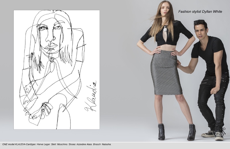 Posing with fashion stylist Dyllan White, Klaudia wears Herve Leger Cardigan, Moschino Skirt, Azzedine Alaia Boots and Natasha Brooch