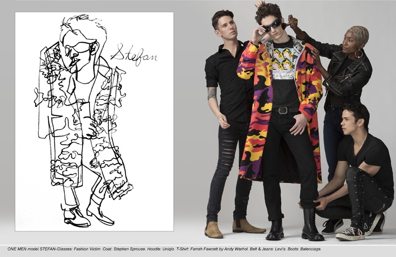 Stefan wears Fashion Victim Glasses, Stephen Sprouse Coat, Uniqlo Hoodie, Farrah Fawcett by Andy Warhol T-Shirt; Belt & Jeans Levi’s and Balenciaga Boots