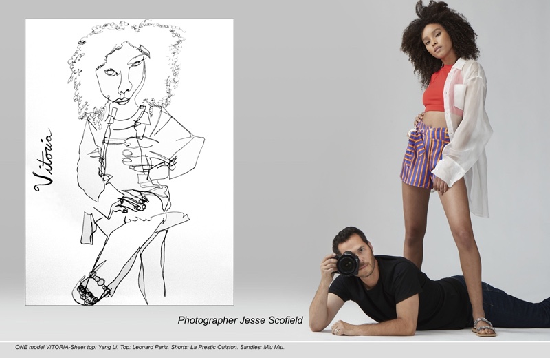 Posing with photographer Jesse Scofield, Vitoria wears Yang Li Sheer Top, Leonard Paris Top, La Prestic Ouiston Shorts and Miu Miu Sandals
