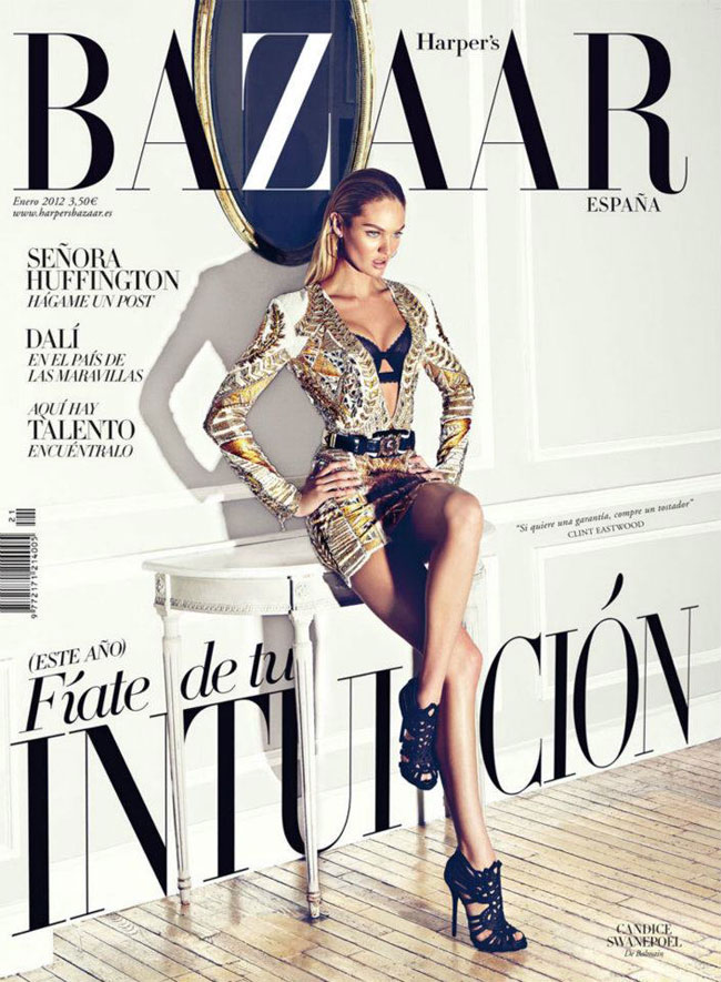 Candice Swanepoel Covers Harper’s Bazaar Spain January 2012 in Balmain