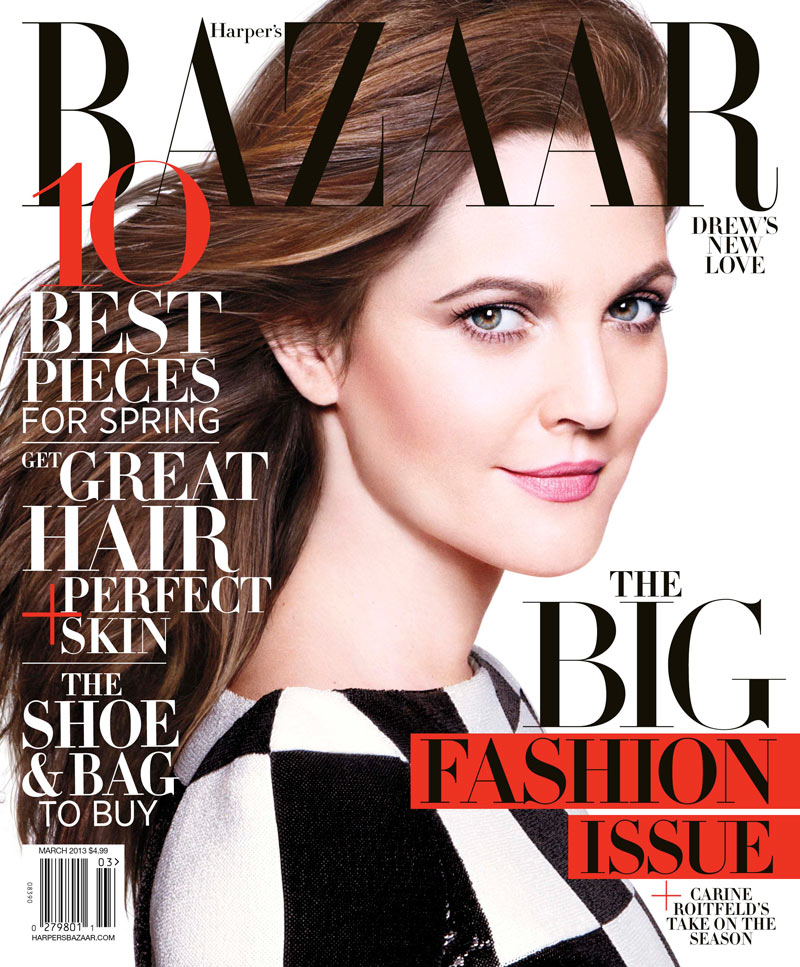 Drew Barrymore poses on Harper's Bazaar March 2013 cover